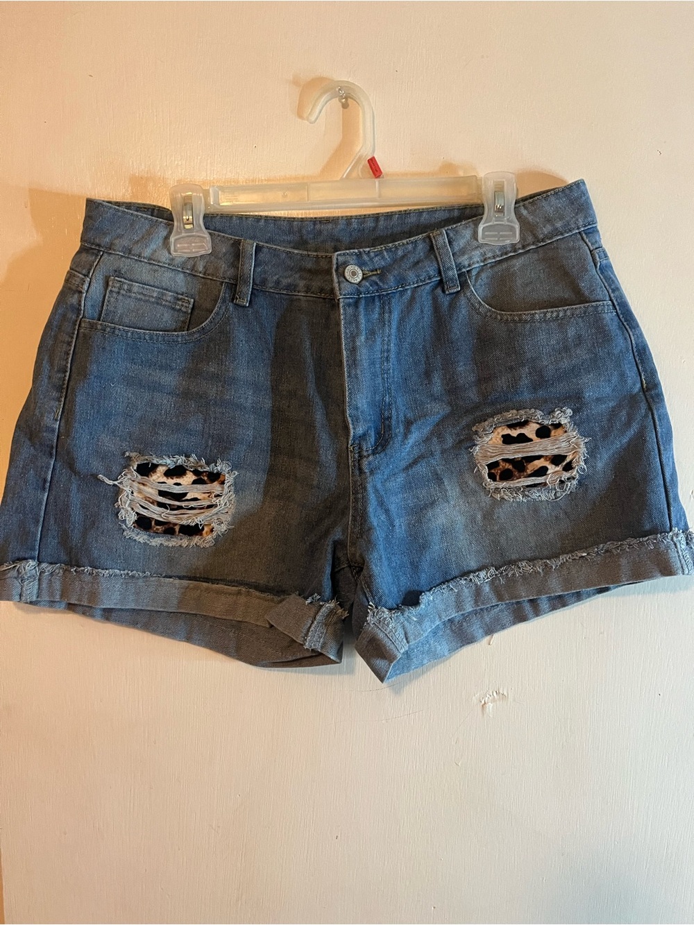 Blue Distressed Denim Jean Shorts with Leopard Patch